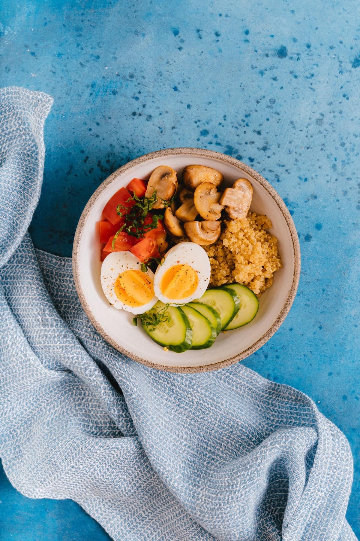 One bowl with all four: protein, vegetables, carbs and a little fat.