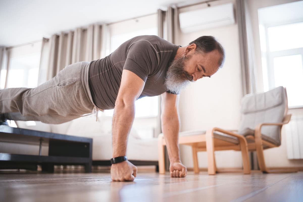 An incline or floor push-up works at any age; choose the version you can do cleanly.